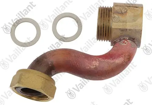 Vaillant Rohr mit gebogenem Ende und zwei Dichtungen, geeignet für Rohrverbindungen in Heizungsanlagen.